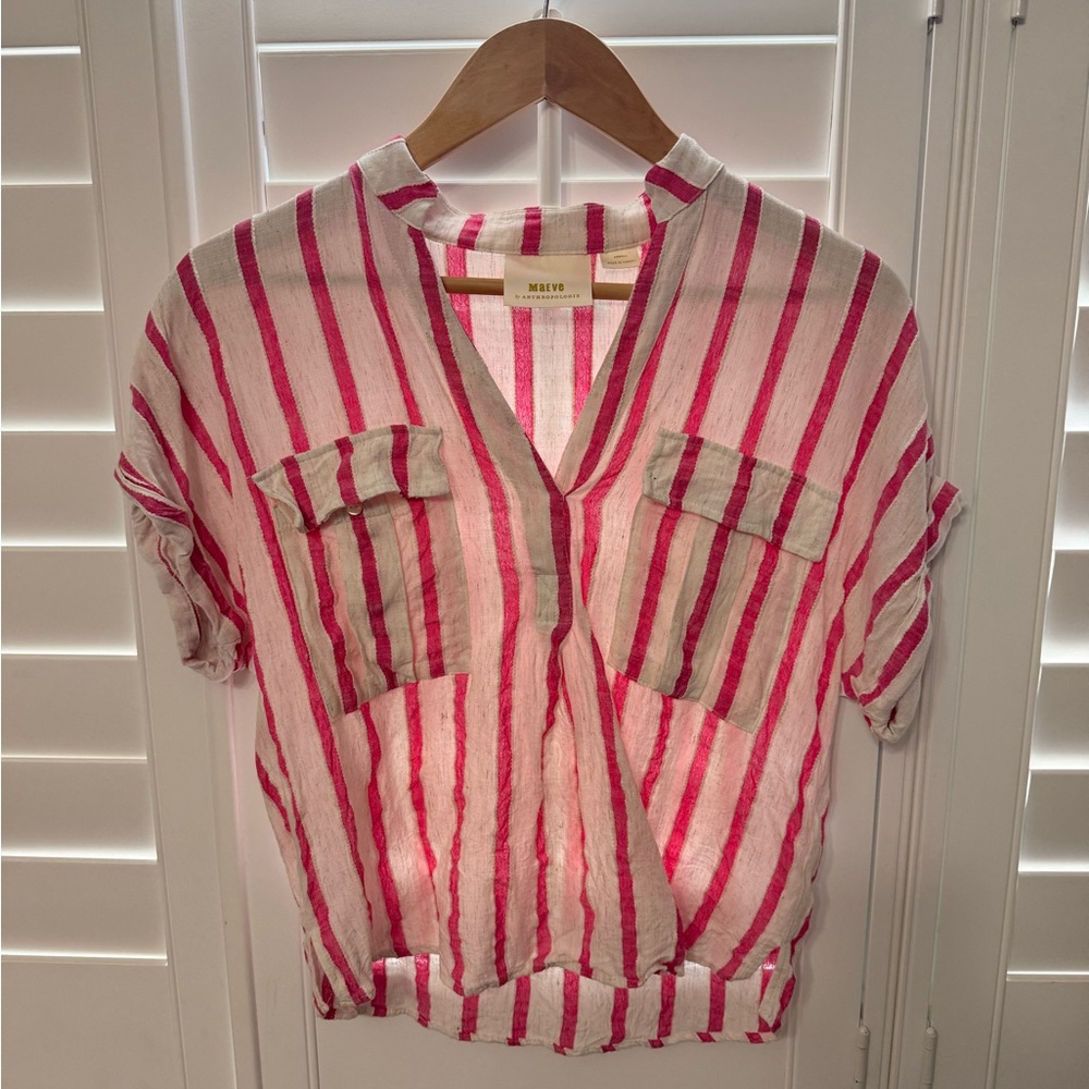 Anthro Pink and White Striped V-Neck Top